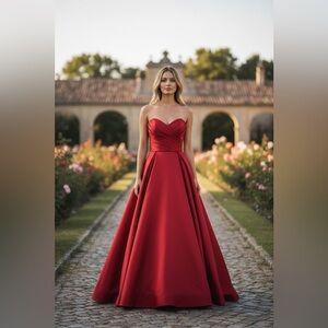 Red Strapless A-Line Ball Gown with Shawl